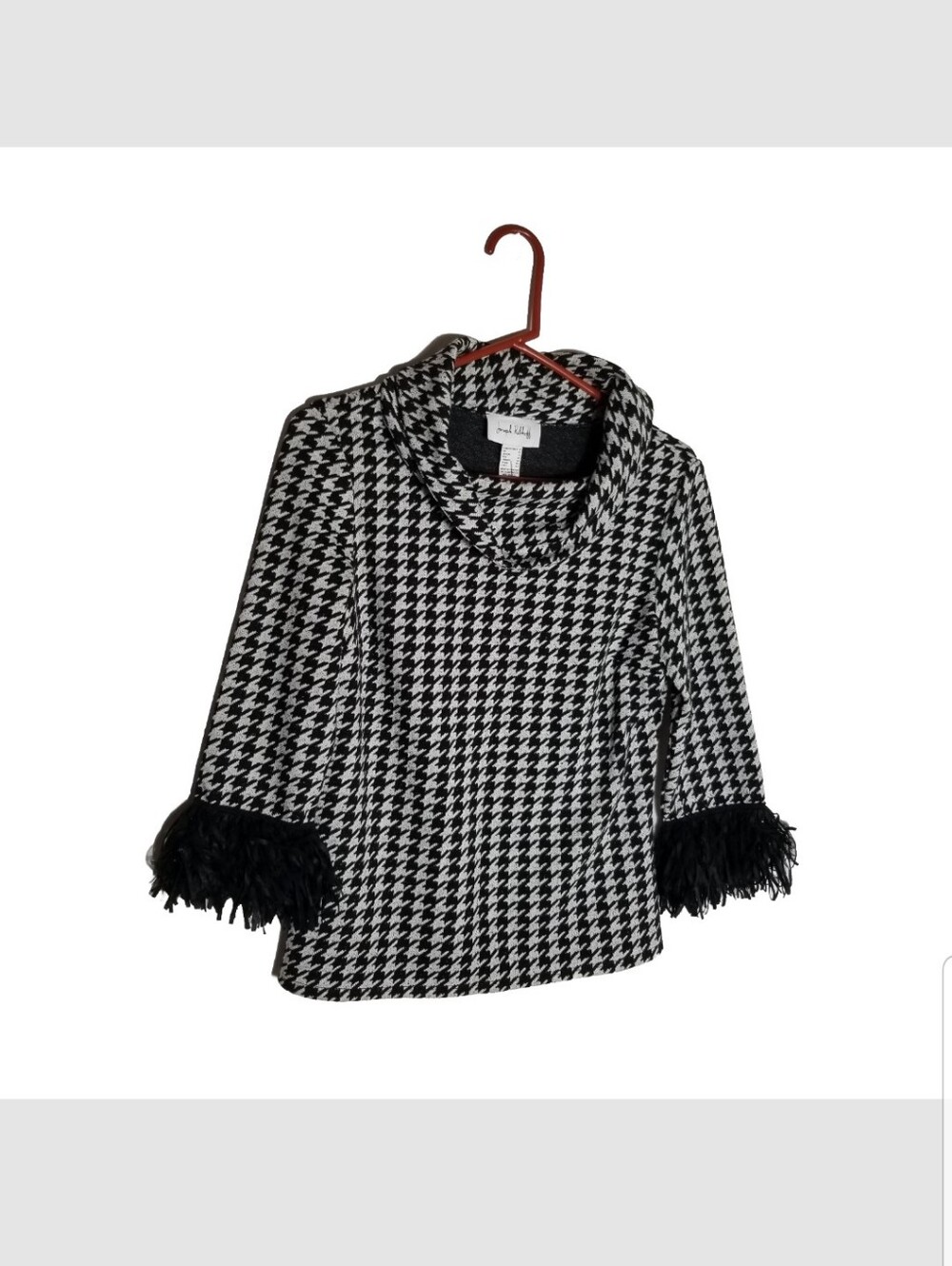 Joseph Ribkoff Top Women's 8 Cowl Neck Black White Knit Fringe Cuffs New